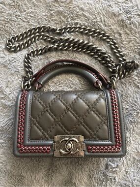 CHANEL 2015 Small Boy Quilted Mini Top-Handle Bag in Taupe with Red Trim